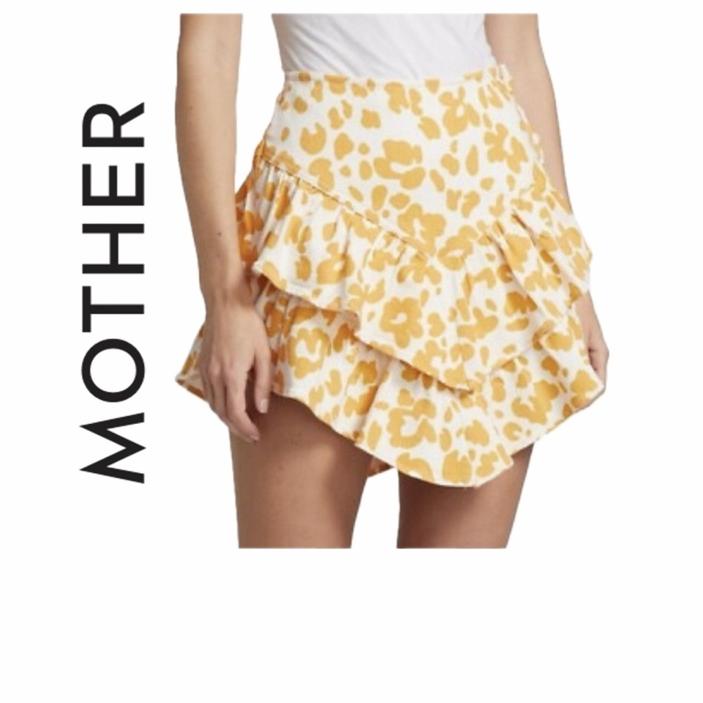 MOTHER Mini Skirt Asymmetrical Leopard Yellow Floral Ruffle Tiered Sz 25 Fairy